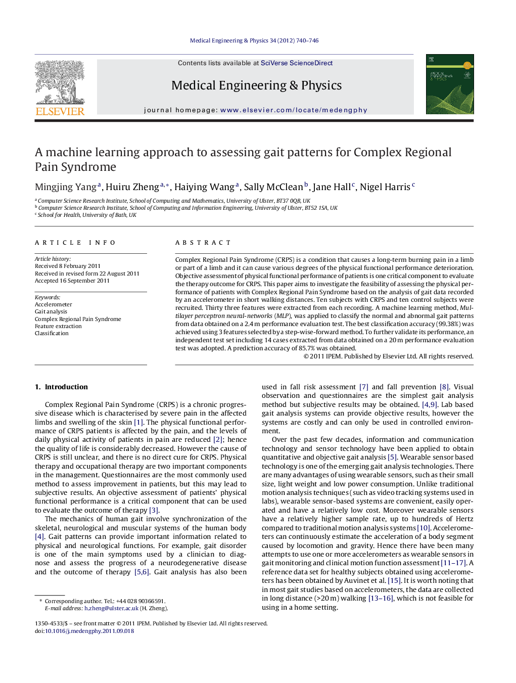 A machine learning approach to assessing gait patterns for Complex Regional Pain Syndrome