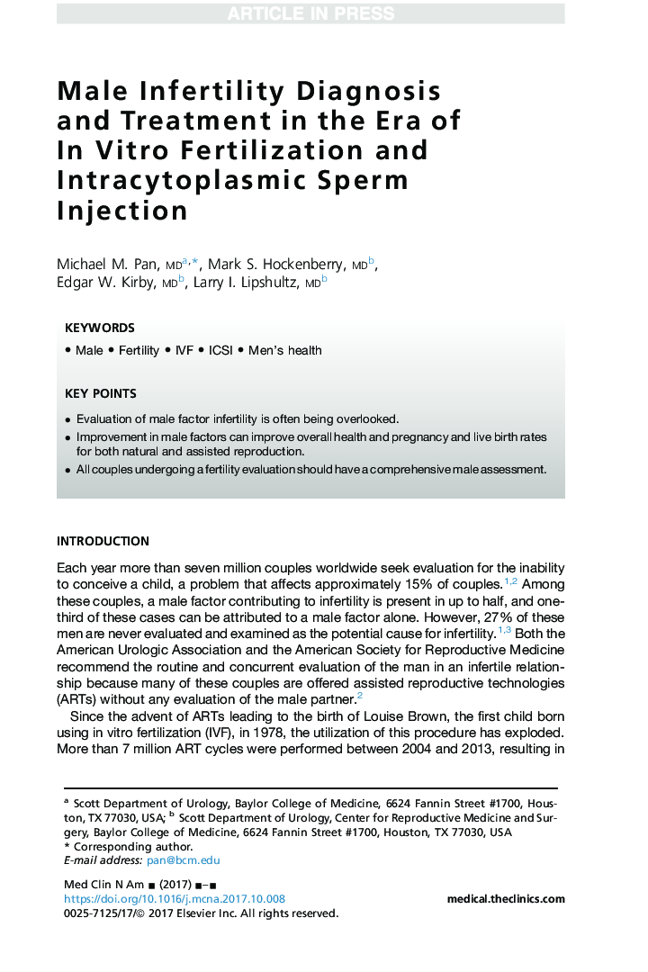 Male Infertility Diagnosis and Treatment in the Era of InÂ Vitro Fertilization and Intracytoplasmic Sperm Injection