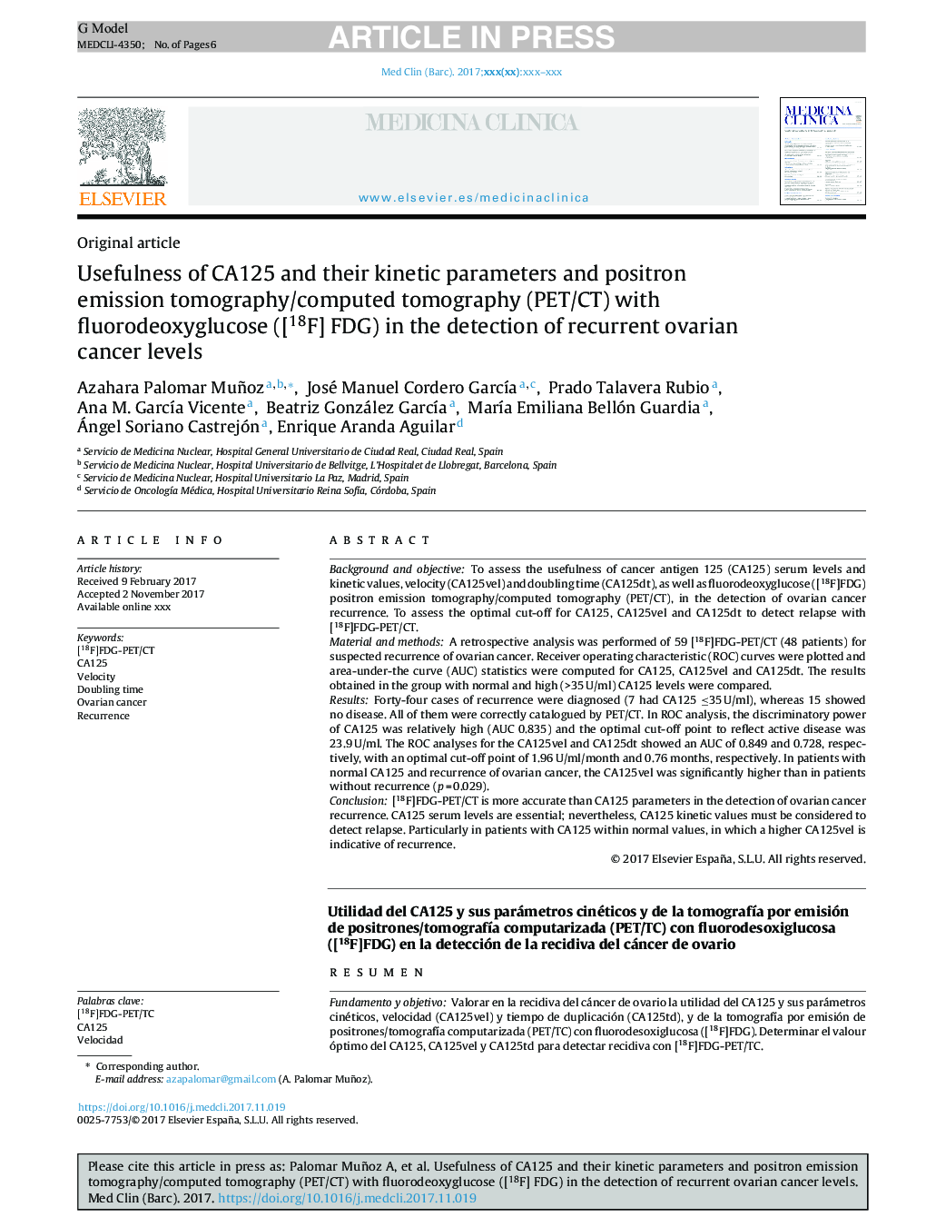 Usefulness of CA125 and its kinetic parameters and positron emission tomography/computed tomography (PET/CT) with fluorodeoxyglucose ([18F] FDG) in the detection of recurrent ovarian cancer