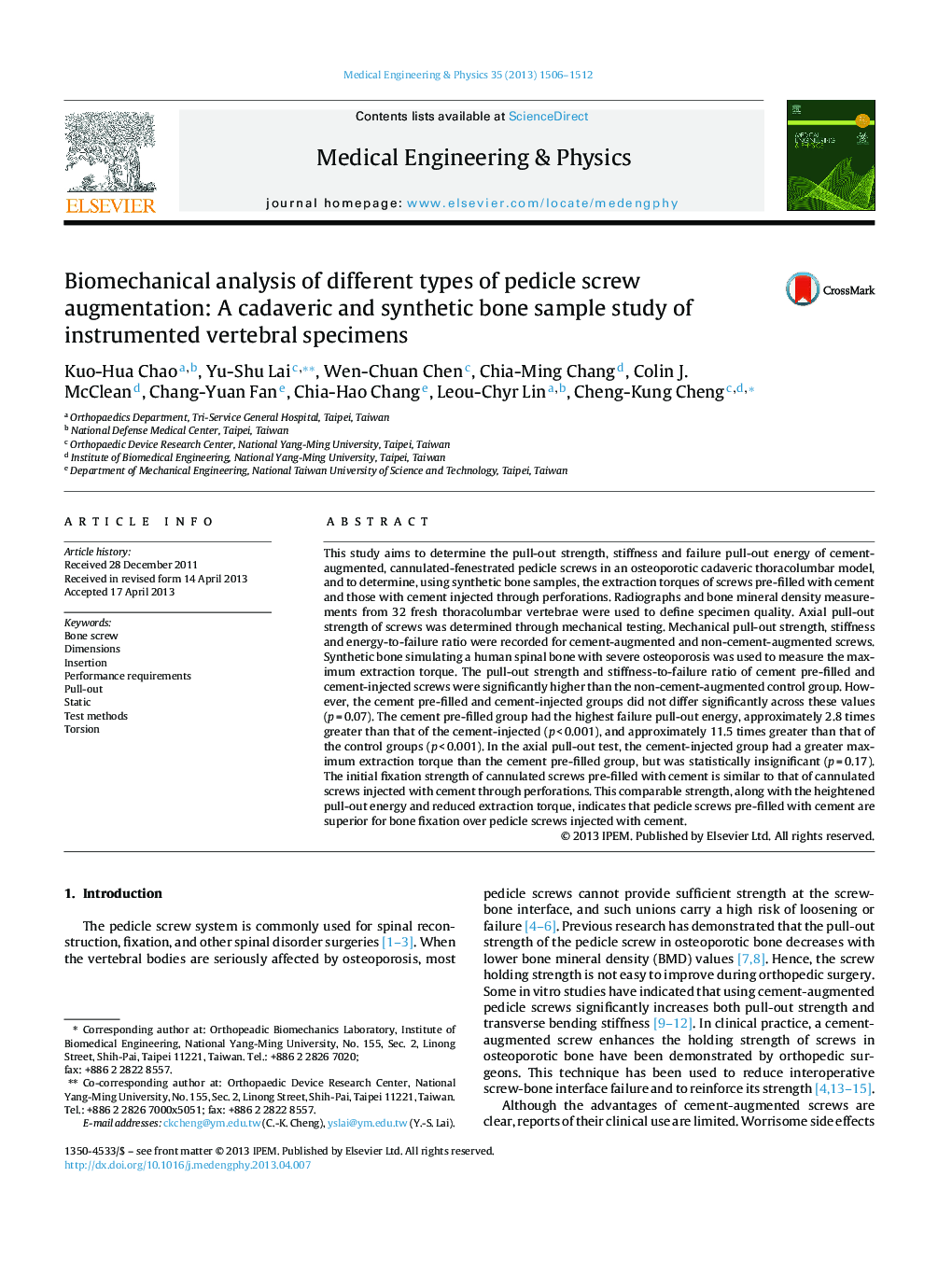 Biomechanical analysis of different types of pedicle screw augmentation: A cadaveric and synthetic bone sample study of instrumented vertebral specimens