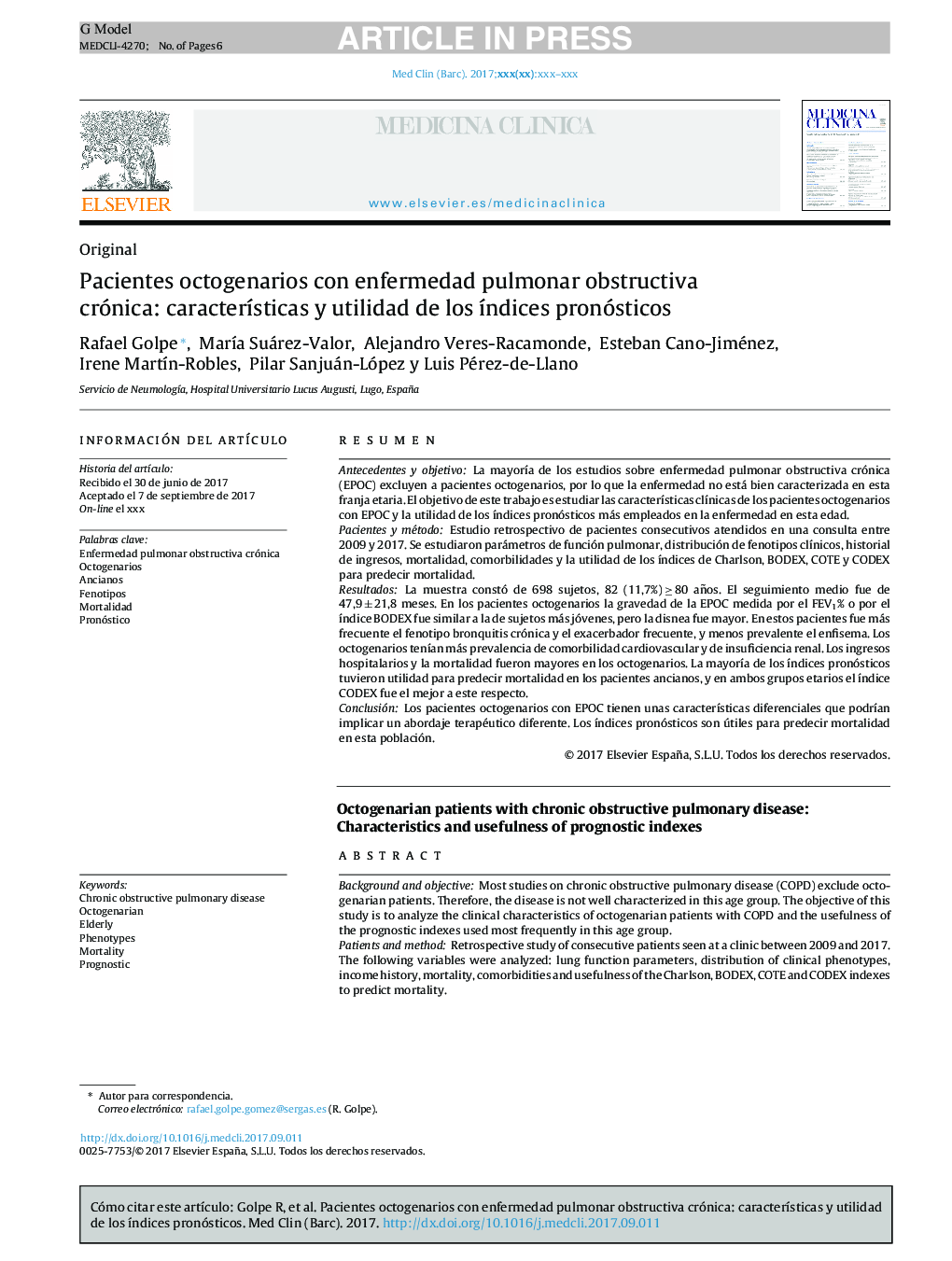 Pacientes octogenarios con enfermedad pulmonar obstructiva crónica: caracterÃ­sticas y utilidad de los Ã­ndices pronósticos