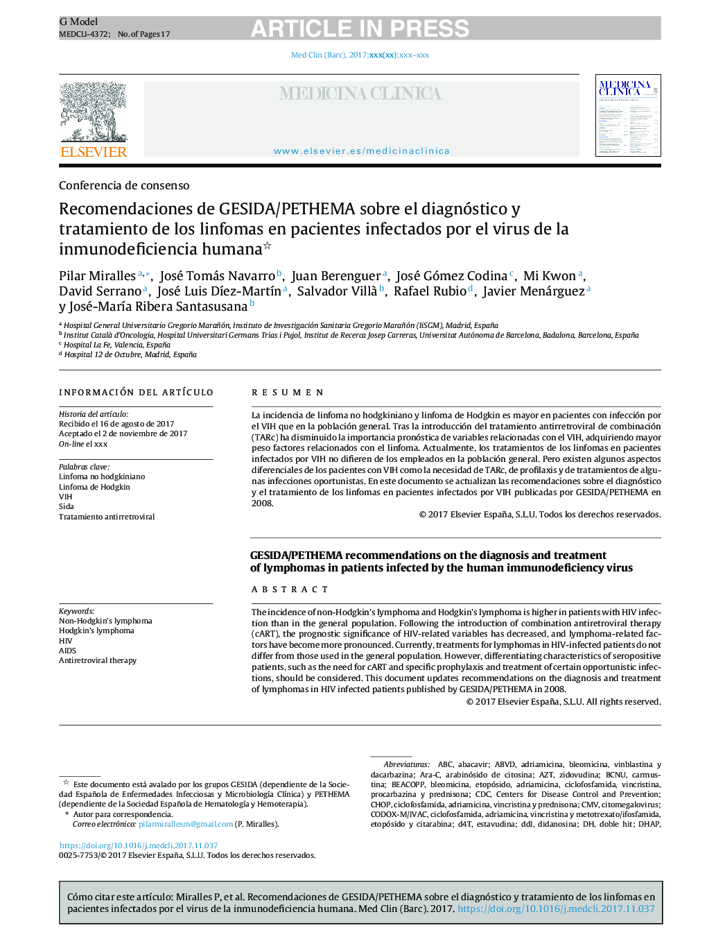 Recomendaciones de GESIDA/PETHEMA sobre el diagnóstico y tratamiento de los linfomas en pacientes infectados por el virus de la inmunodeficiencia humana