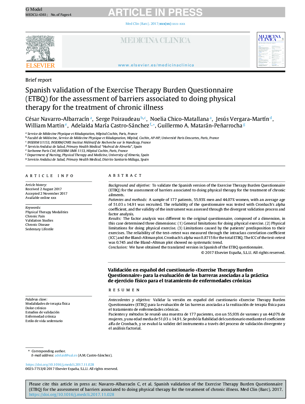 Spanish validation of the Exercise Therapy Burden Questionnaire (ETBQ) for the assessment of barriers associated to doing physical therapy for the treatment of chronic illness