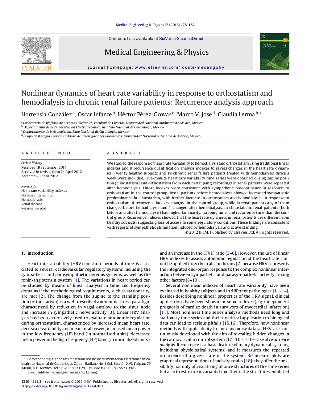 Nonlinear dynamics of heart rate variability in response to orthostatism and hemodialysis in chronic renal failure patients: Recurrence analysis approach