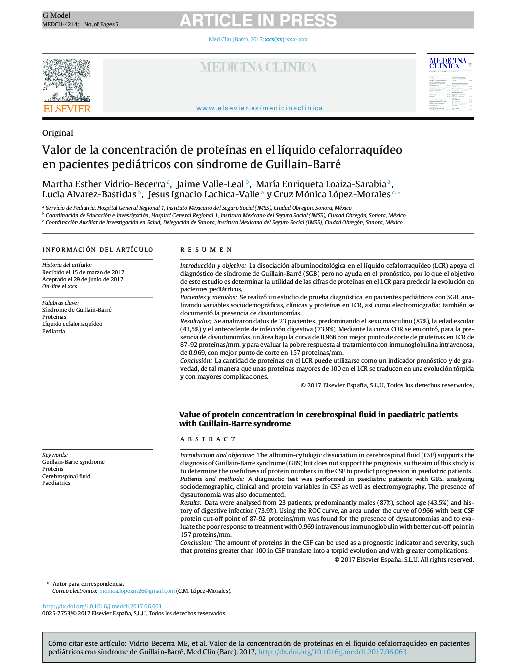 Valor de la concentración de proteÃ­nas en el lÃ­quido cefalorraquÃ­deo en pacientes pediátricos con sÃ­ndrome de Guillain-Barré