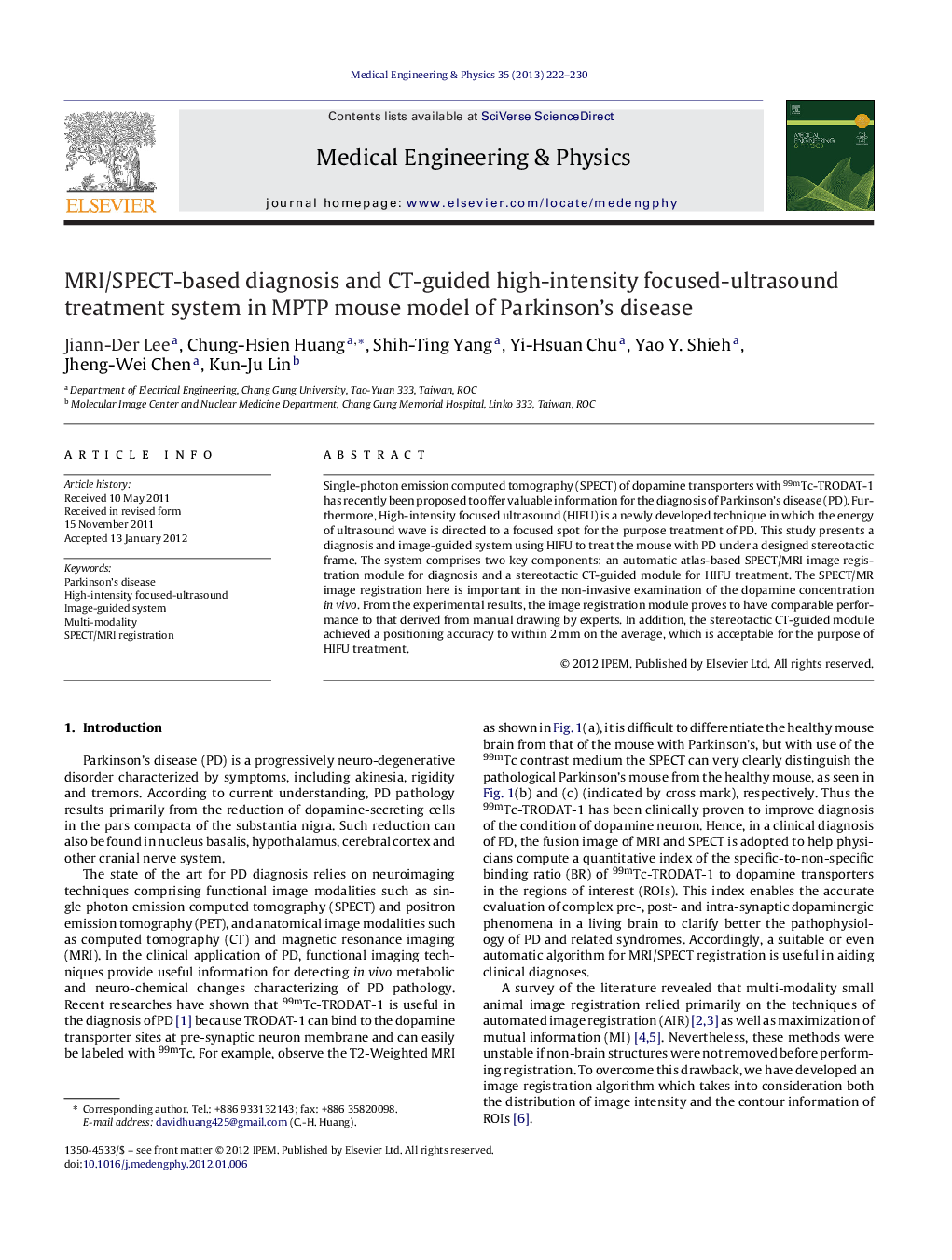 MRI/SPECT-based diagnosis and CT-guided high-intensity focused-ultrasound treatment system in MPTP mouse model of Parkinson's disease