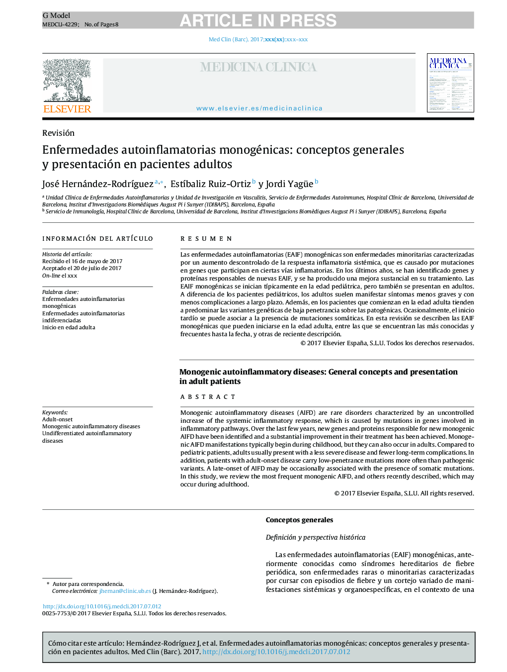 Enfermedades autoinflamatorias monogénicas: conceptos generales y presentación en pacientes adultos