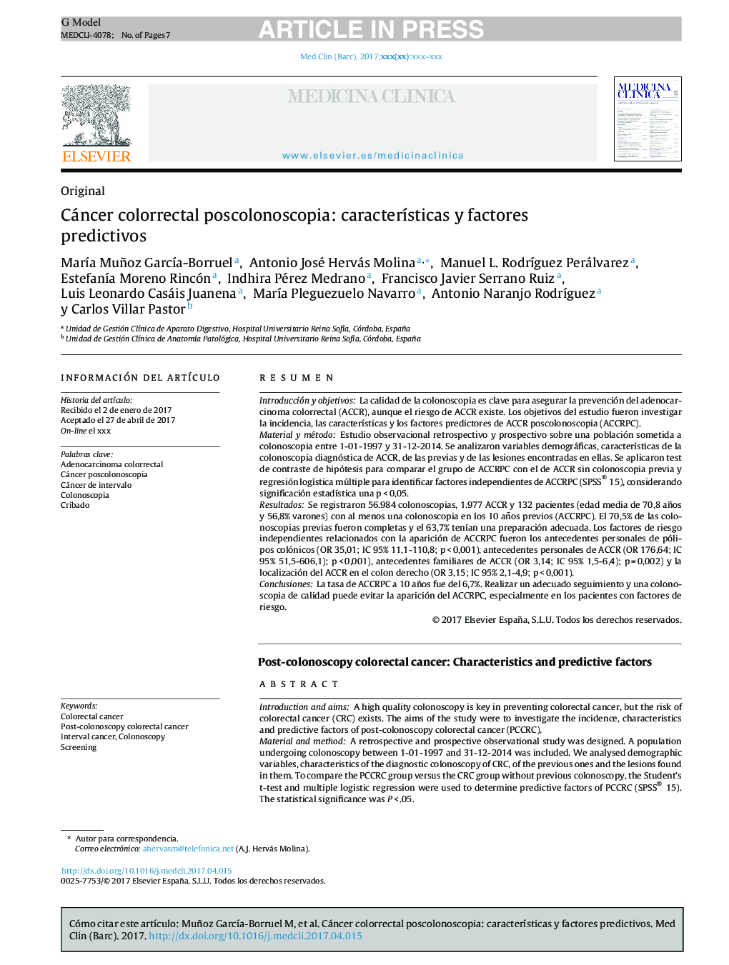 Cáncer colorrectal poscolonoscopia: caracterÃ­sticas y factores predictivos