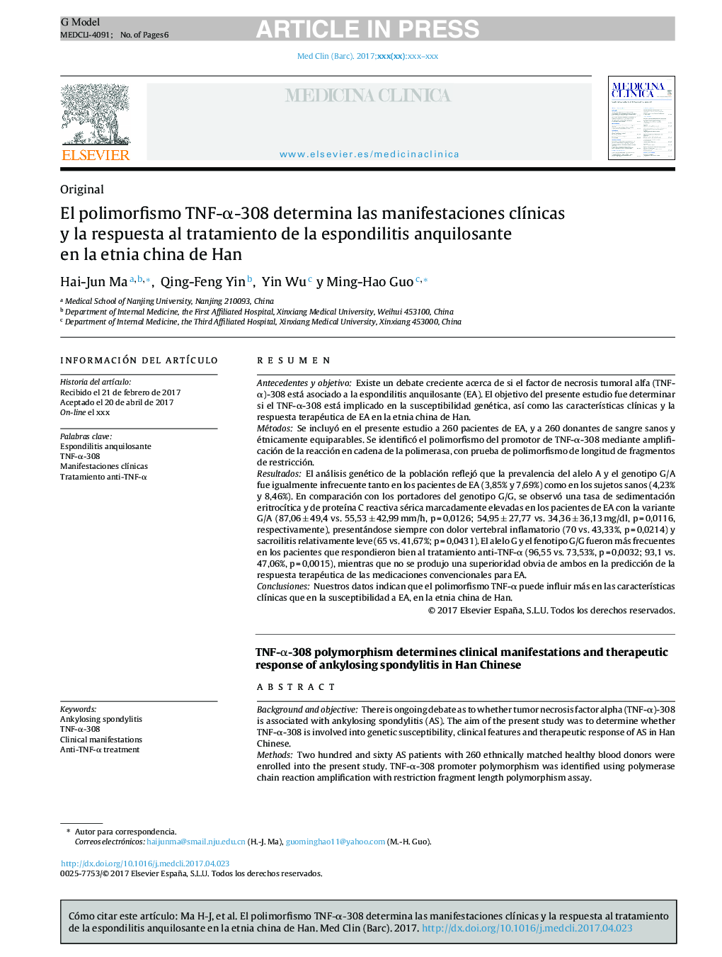 El polimorfismo TNF-Î±-308 determina las manifestaciones clÃ­nicas y la respuesta al tratamiento de la espondilitis anquilosante en la etnia china Han