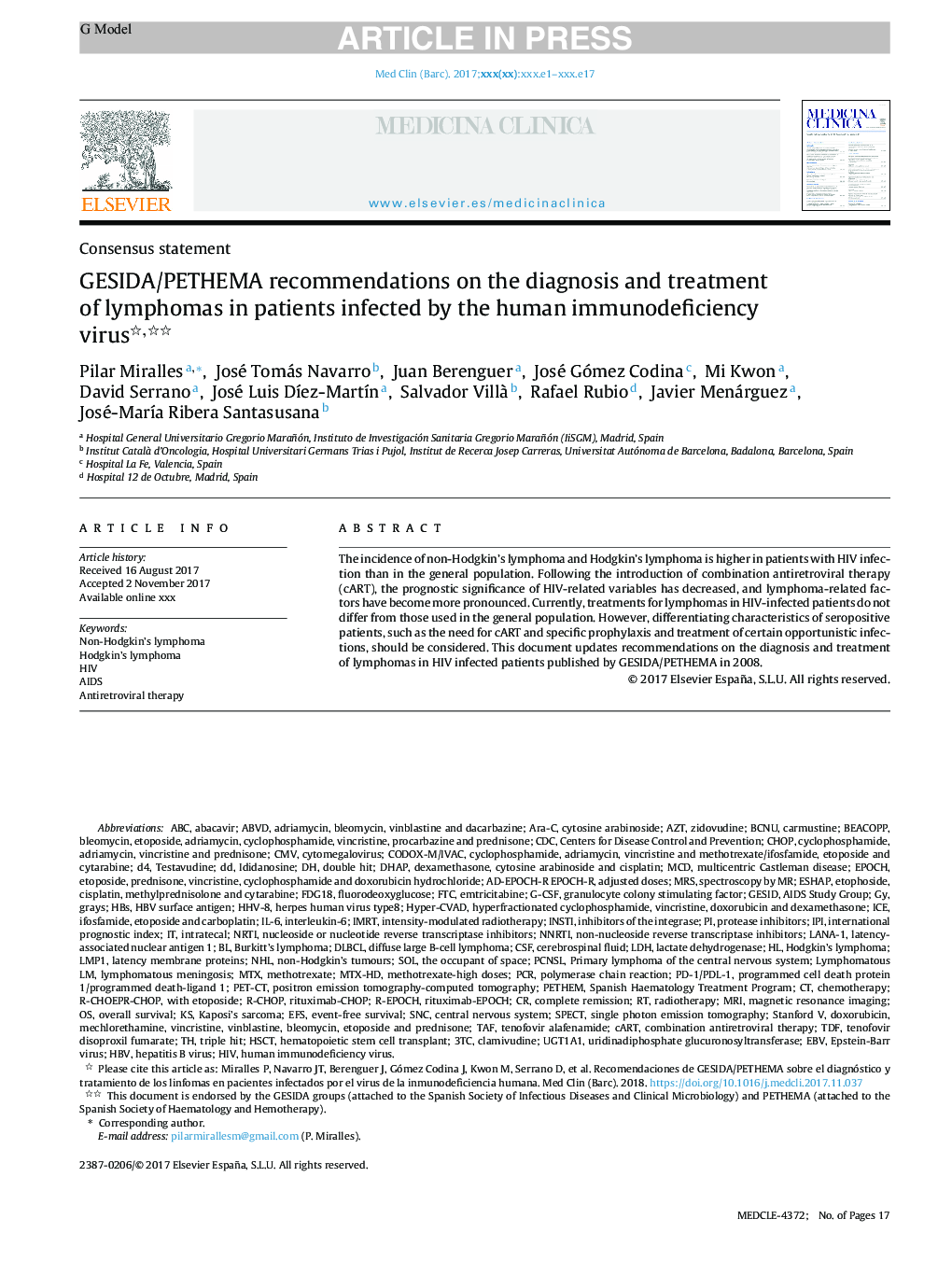 GESIDA/PETHEMA recommendations on the diagnosis and treatment of lymphomas in patients infected by the human immunodeficiency virus