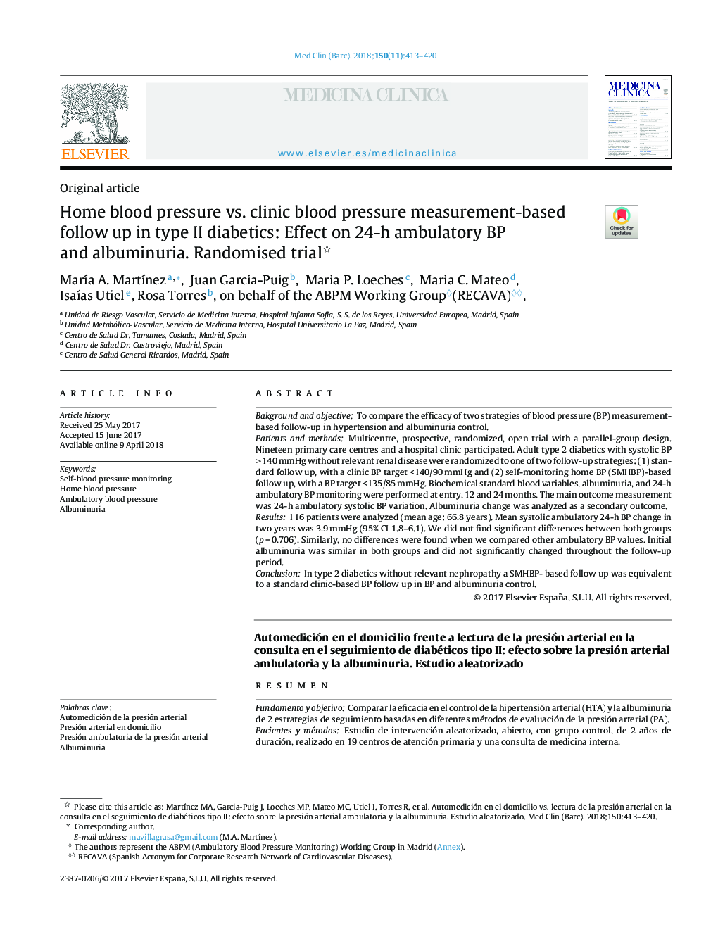 Home blood pressure vs. clinic blood pressure measurement-based follow up in type II diabetics: Effect on 24-h ambulatory BP and albuminuria. Randomised trial