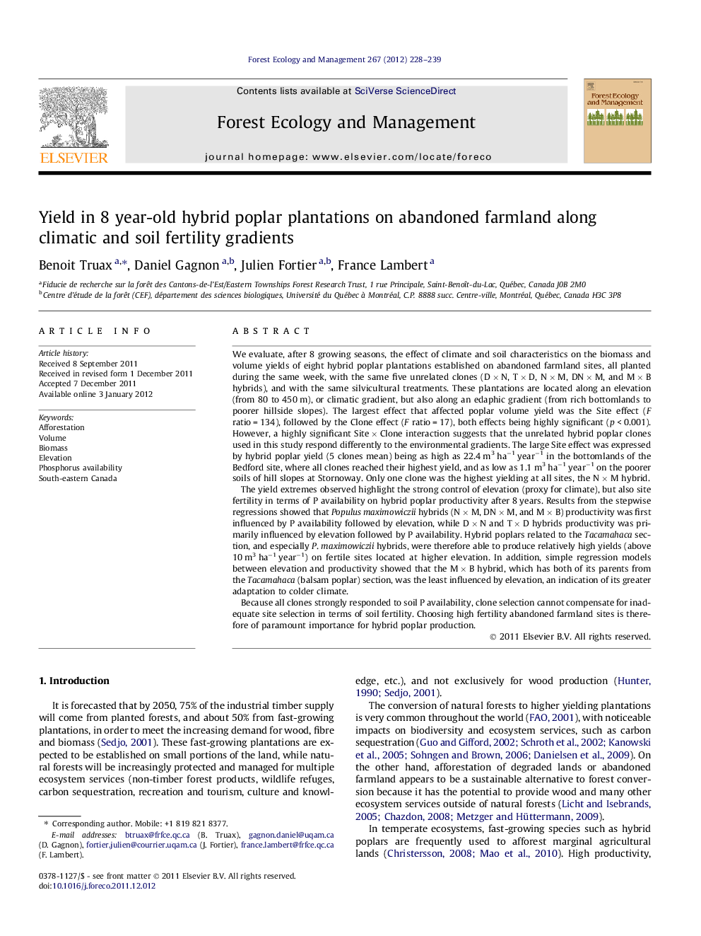 Yield in 8 year-old hybrid poplar plantations on abandoned farmland along climatic and soil fertility gradients