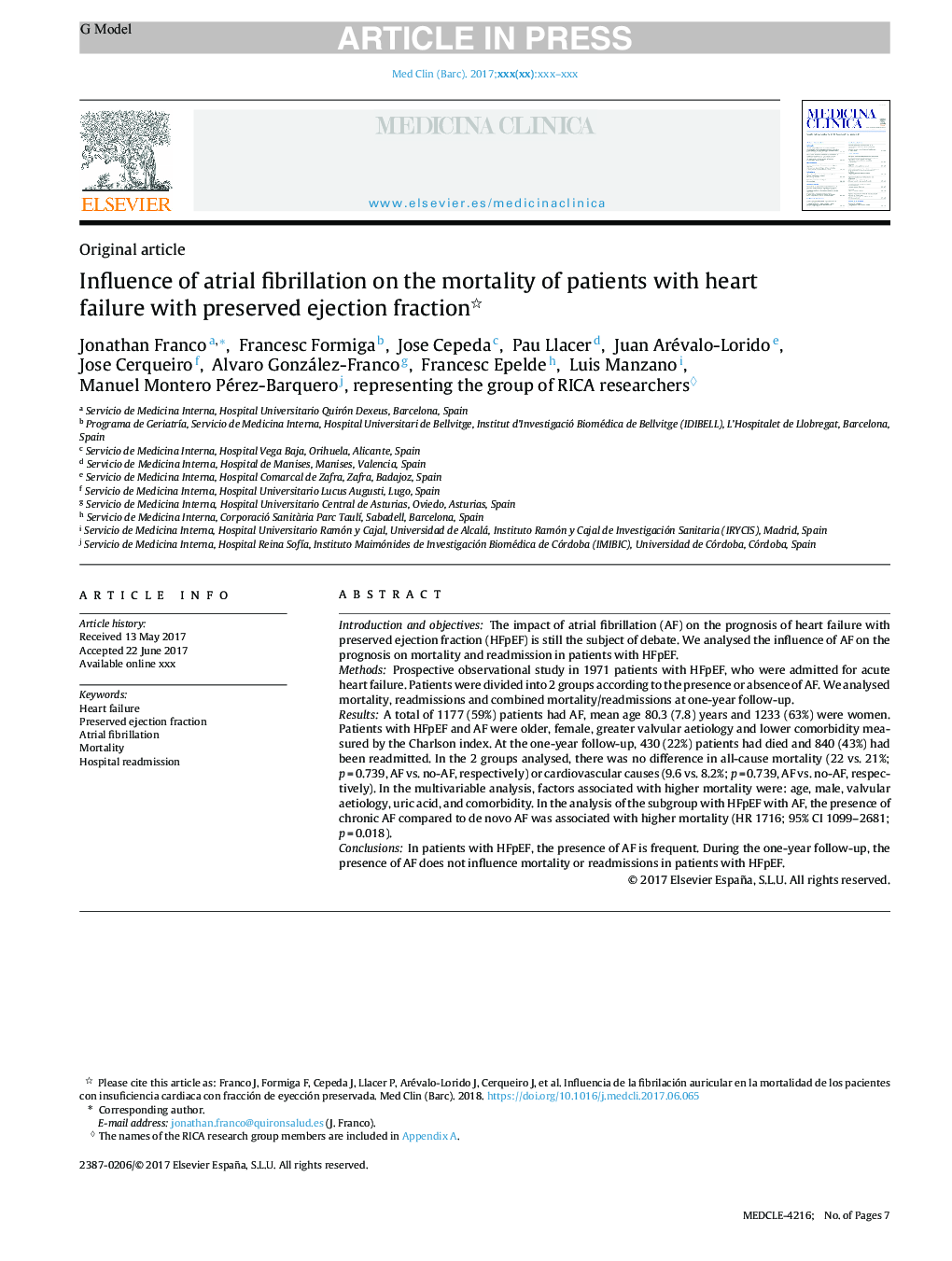 Influence of atrial fibrillation on the mortality of patients with heart failure with preserved ejection fraction