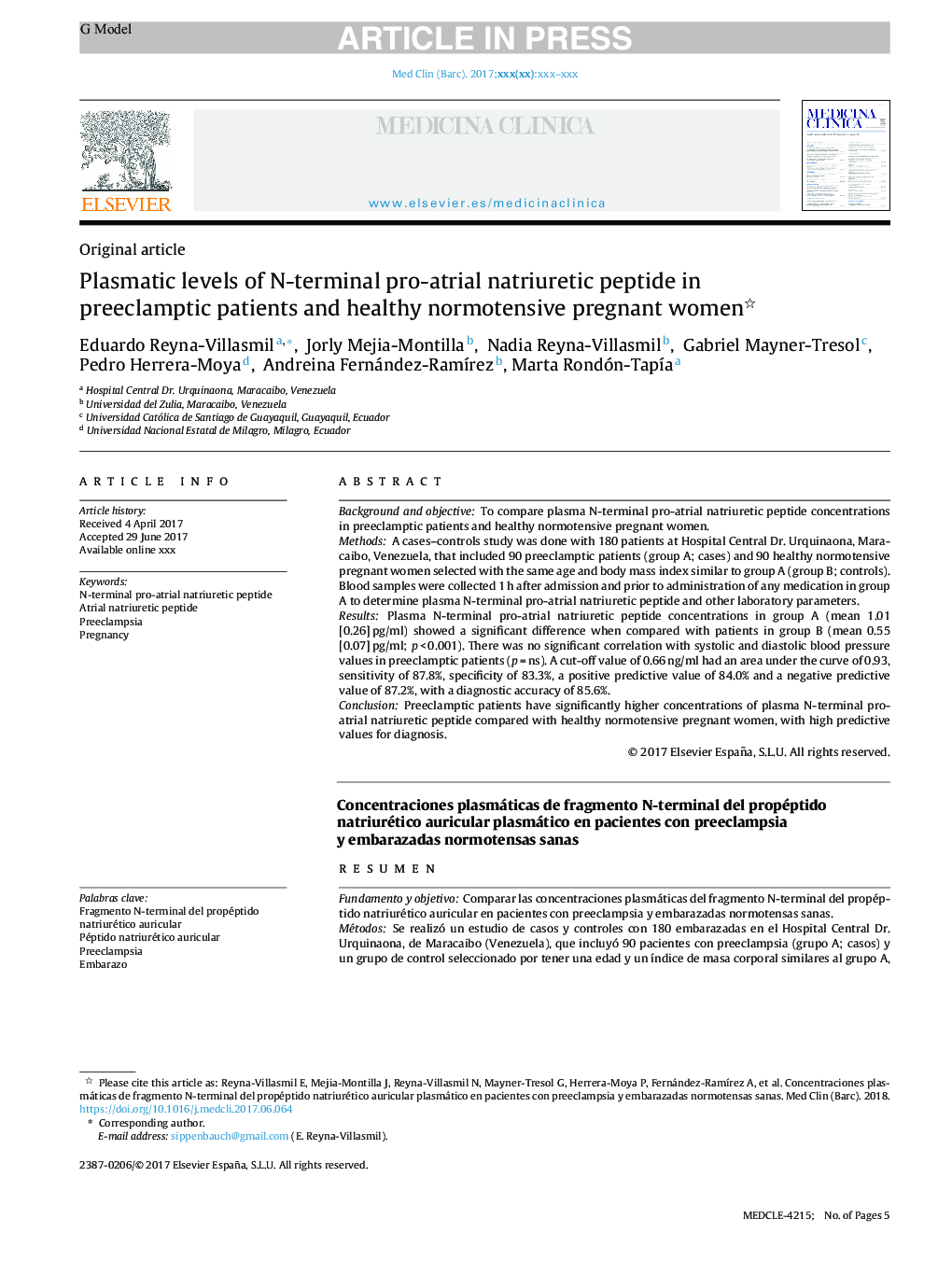Plasmatic levels of N-terminal pro-atrial natriuretic peptide in preeclamptic patients and healthy normotensive pregnant women