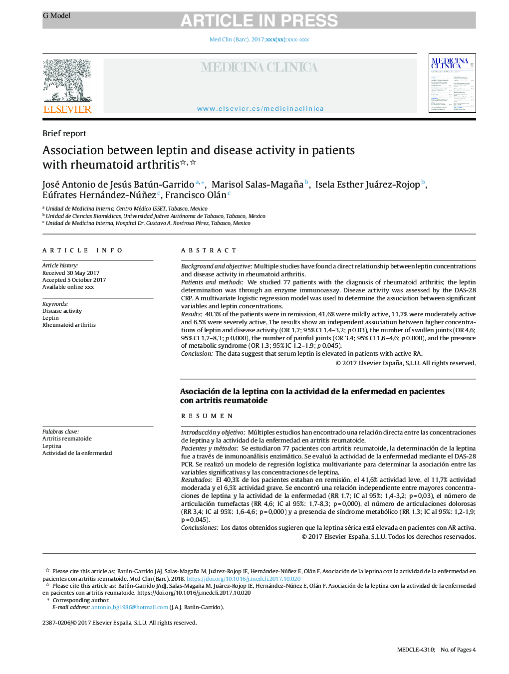 Relationship between leptin concentrations and disease activity in patients with rheumatoid arthritis