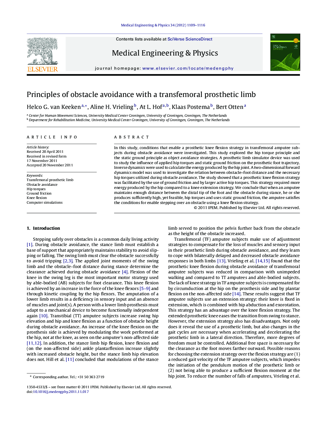 Principles of obstacle avoidance with a transfemoral prosthetic limb