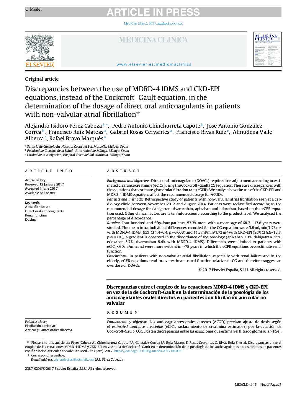 Discrepancies between the use of MDRD-4 IDMS and CKD-EPI equations, instead of the Cockcroft-Gault equation, in the determination of the dosage of direct oral anticoagulants in patients with non-valvular atrial fibrillation
