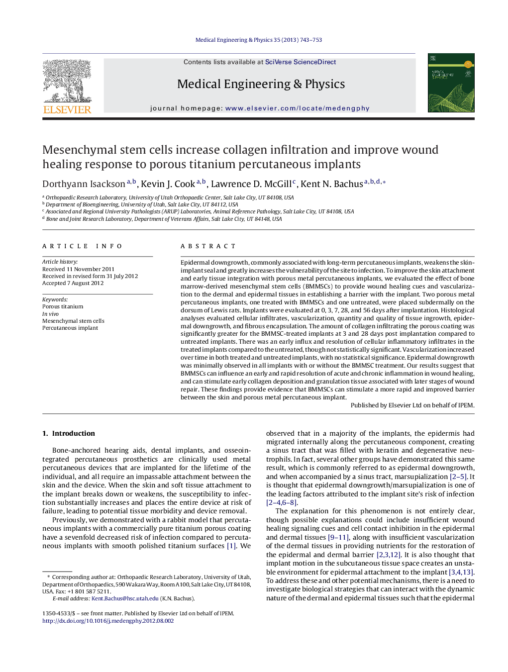 Mesenchymal stem cells increase collagen infiltration and improve wound healing response to porous titanium percutaneous implants