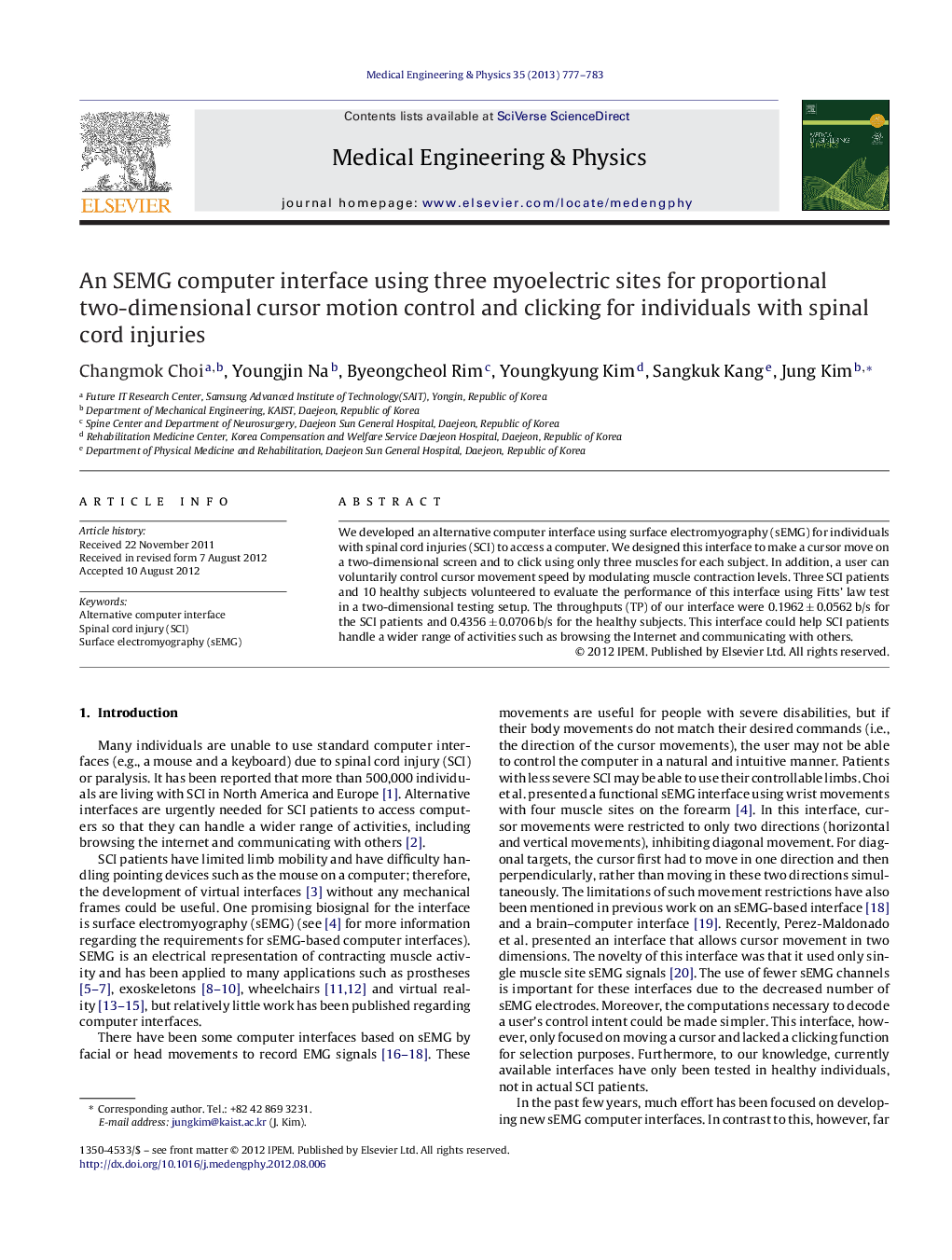 An SEMG computer interface using three myoelectric sites for proportional two-dimensional cursor motion control and clicking for individuals with spinal cord injuries