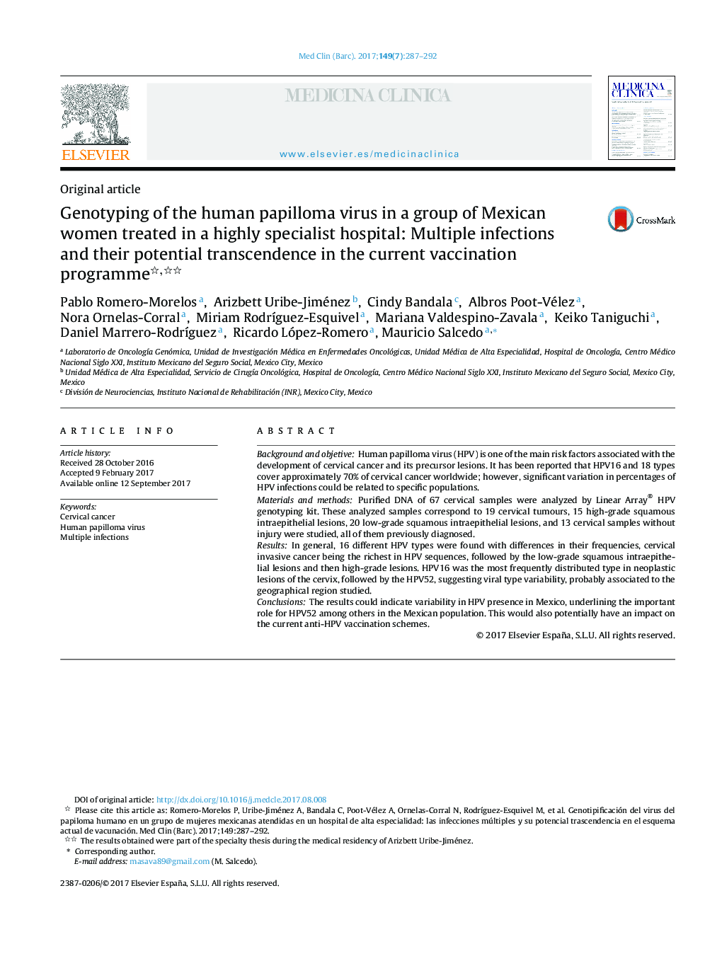 Genotyping of the human papilloma virus in a group of Mexican women treated in a highly specialist hospital: Multiple infections and their potential transcendence in the current vaccination programme