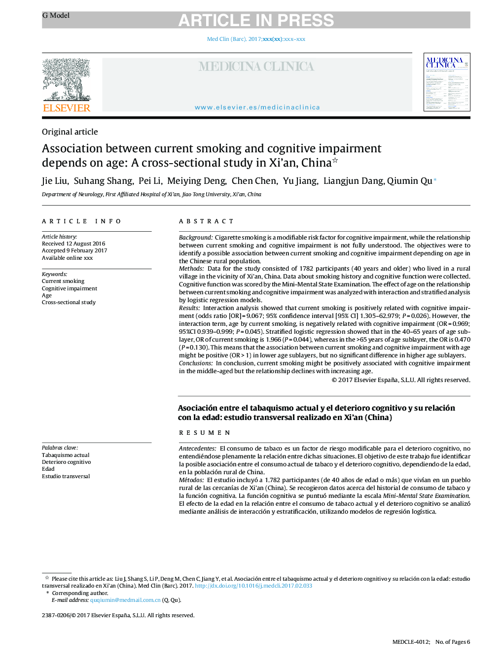 Association between current smoking and cognitive impairment depends on age: A cross-sectional study in Xi'an, China