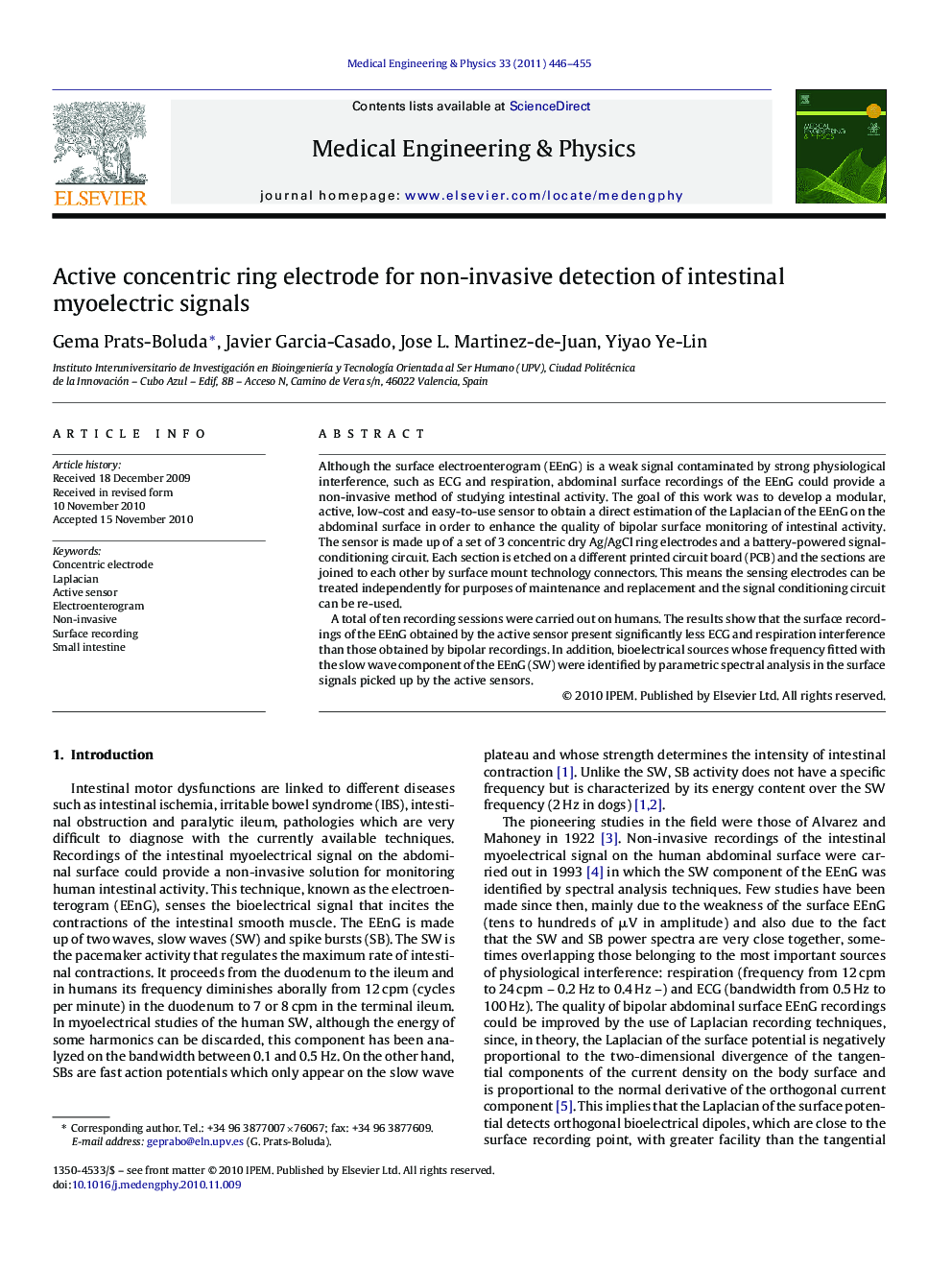 Active concentric ring electrode for non-invasive detection of intestinal myoelectric signals