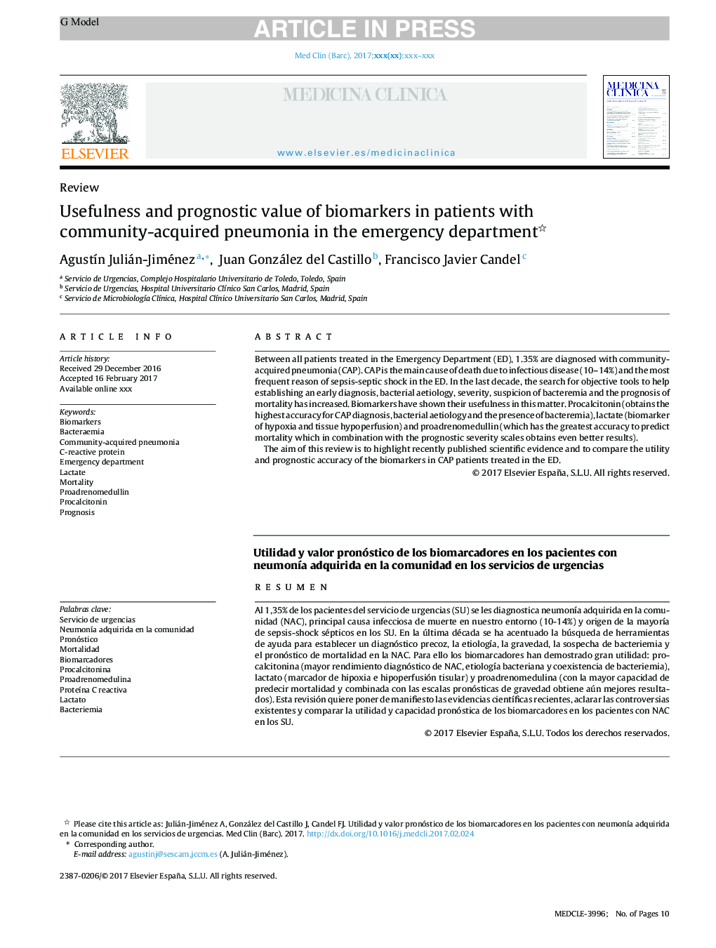 Usefulness and prognostic value of biomarkers in patients with community-acquired pneumonia in the emergency department