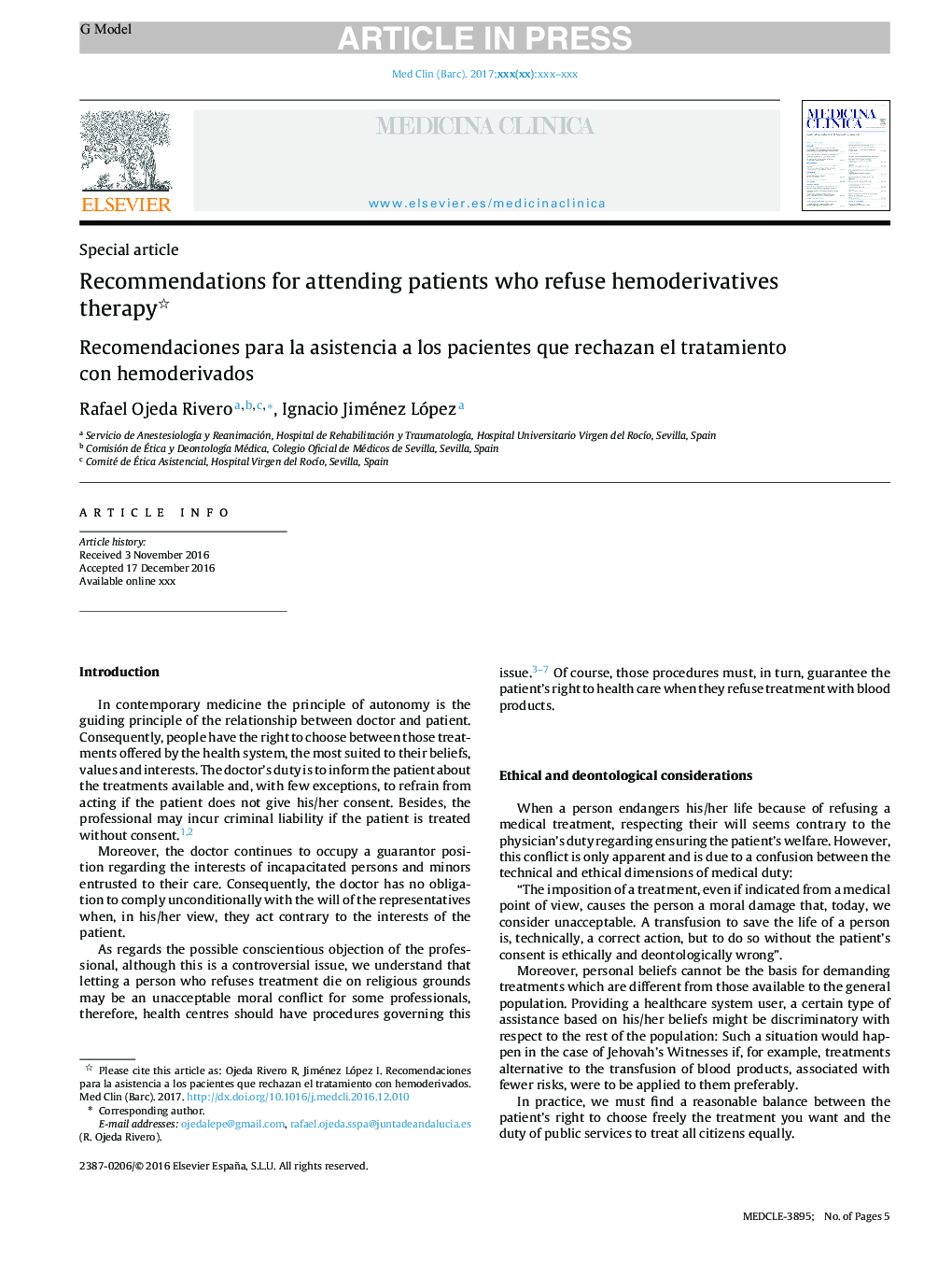 Recommendations for attending patients who refuse hemoderivatives therapy