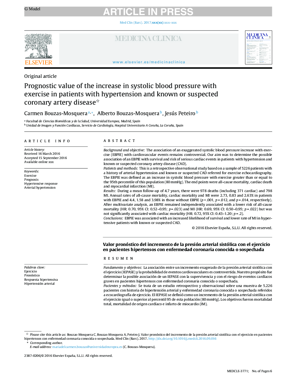 Prognostic value of the increase in systolic blood pressure with exercise in patients with hypertension and known or suspected coronary artery disease