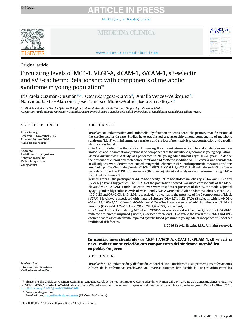 Circulating levels of MCP-1, VEGF-A, sICAM-1, sVCAM-1, sE-selectin and sVE-cadherin: Relationship with components of metabolic syndrome in young population