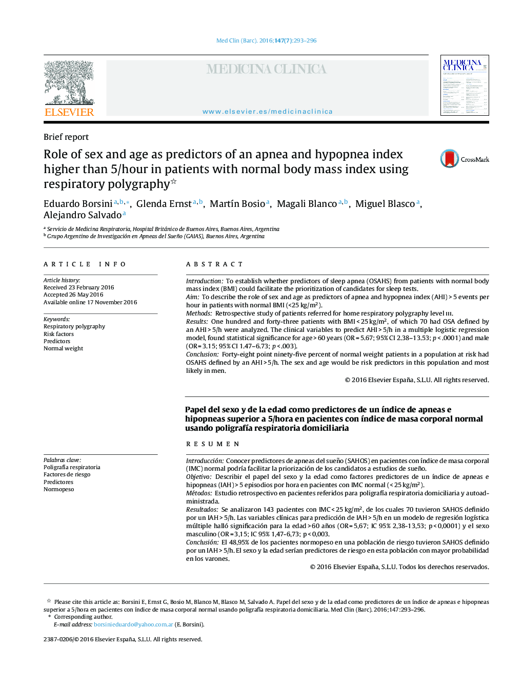 Role of sex and age as predictors of an apnea and hypopnea index higher than 5/hour in patients with normal body mass index using respiratory polygraphy