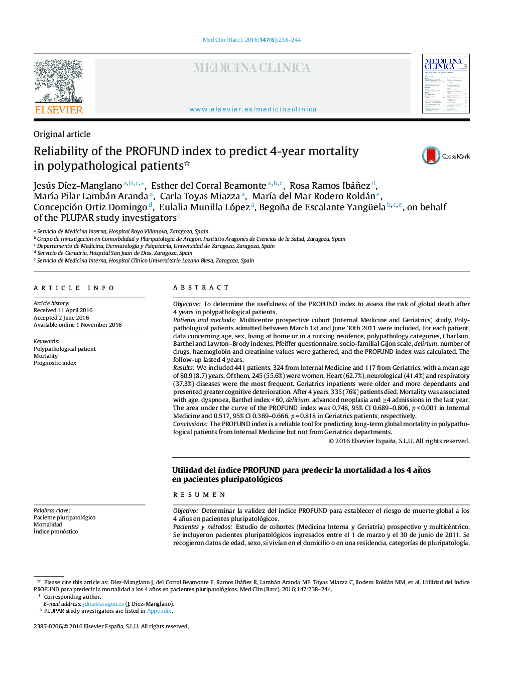 Reliability of the PROFUND index to predict 4-year mortality in polypathological patients