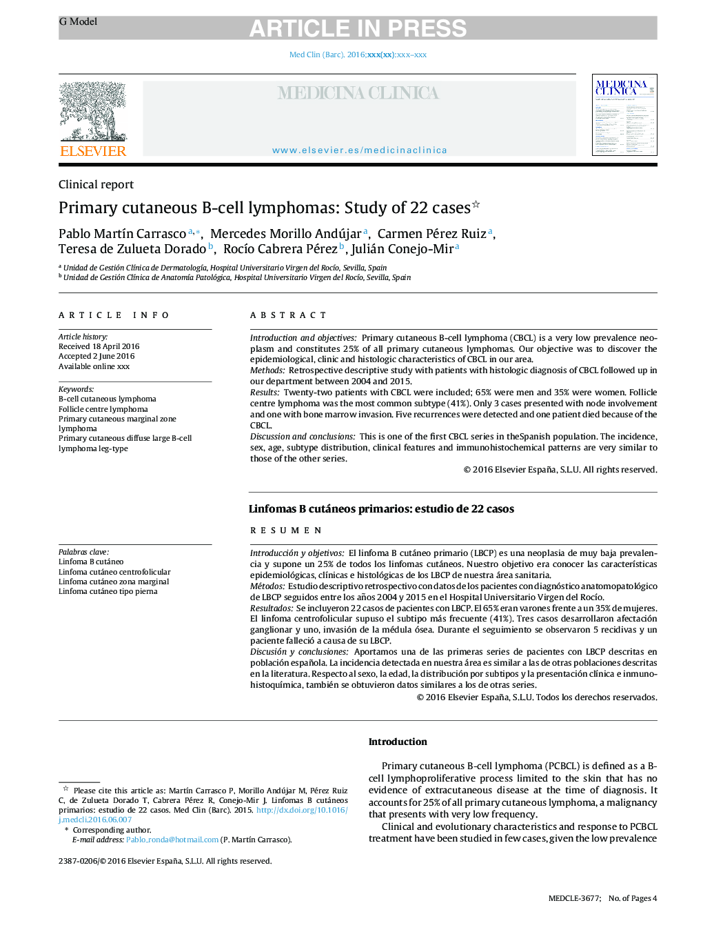 Primary cutaneous B-cell lymphomas: Study of 22 cases