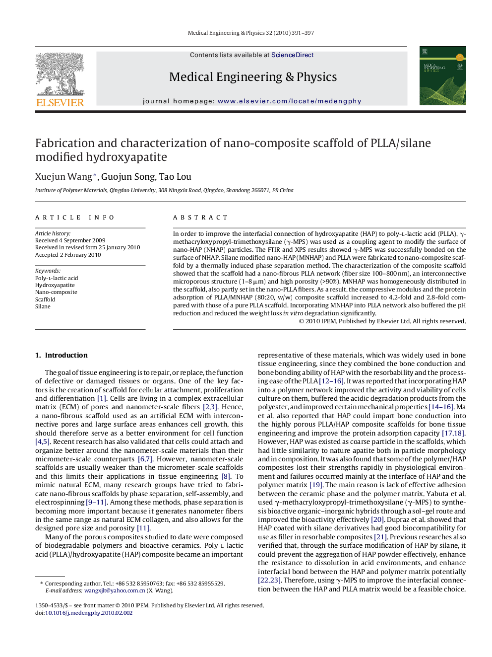 Fabrication and characterization of nano-composite scaffold of PLLA/silane modified hydroxyapatite