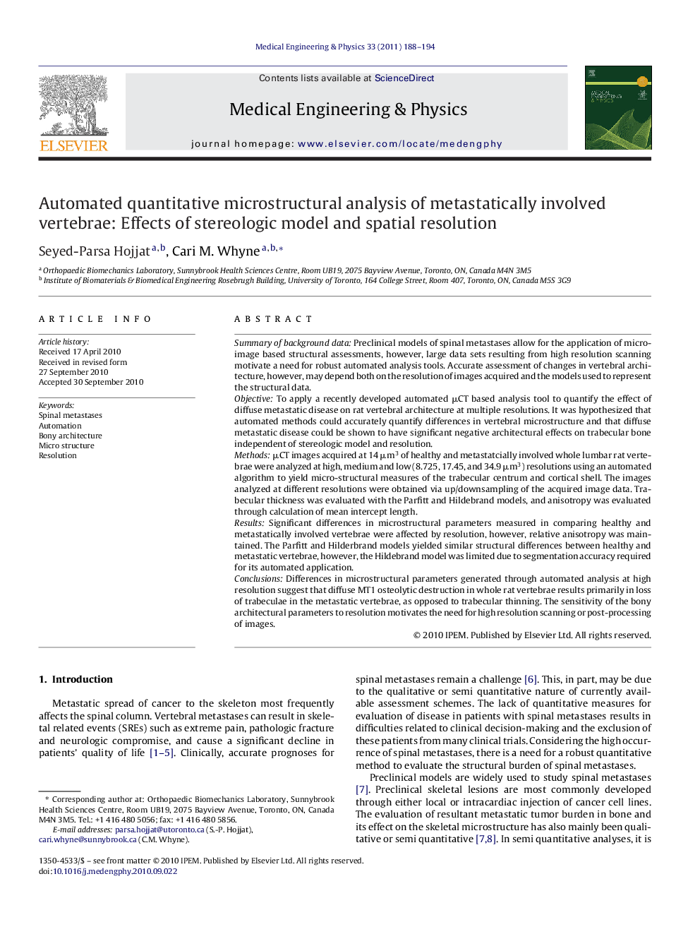 Automated quantitative microstructural analysis of metastatically involved vertebrae: Effects of stereologic model and spatial resolution