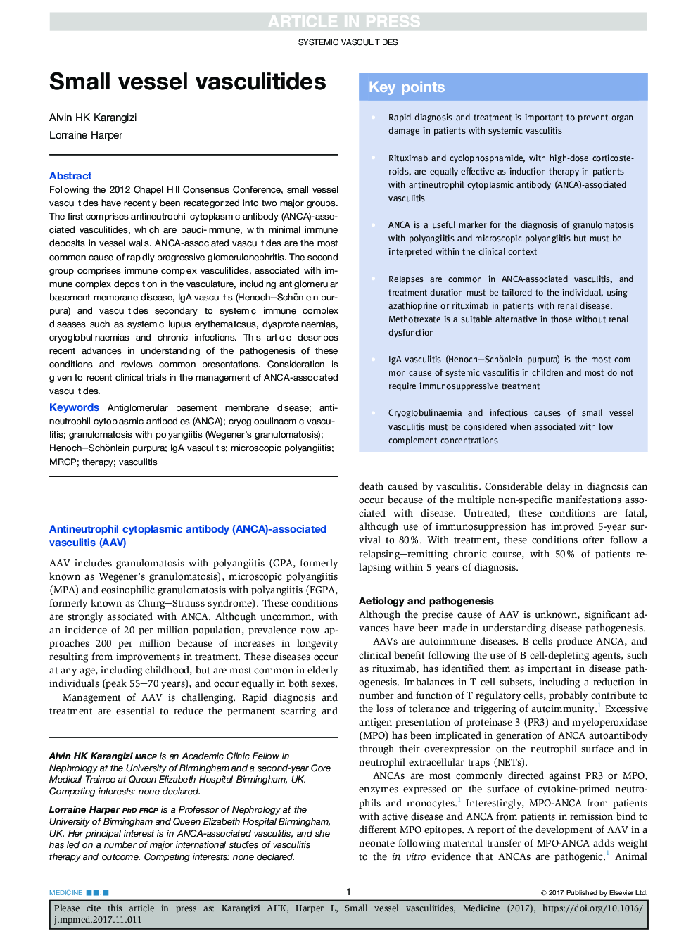 Small vessel vasculitides