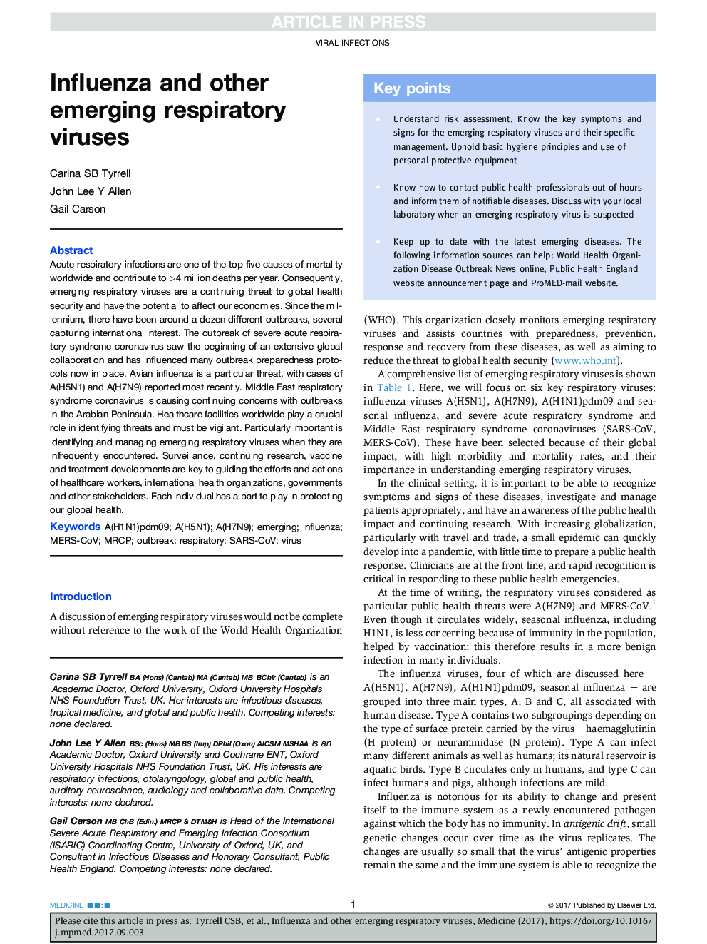 Influenza and other emerging respiratory viruses