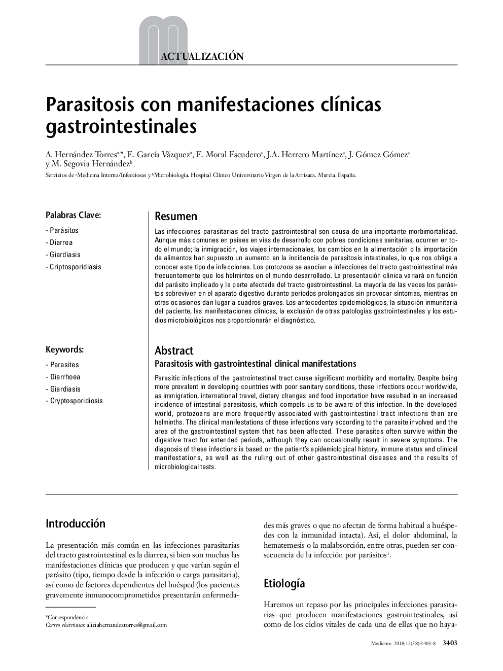 Parasitosis con manifestaciones clÃ­nicas gastrointestinales