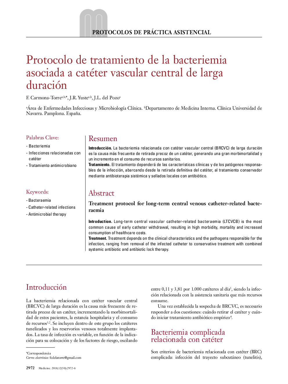 Protocolo de tratamiento de la bacteriemia asociada a catéter vascular central de larga duración