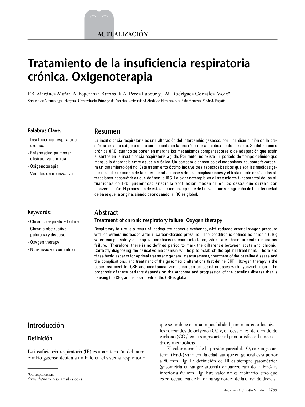 Tratamiento de la insuficiencia respiratoria crónica. Oxigenoterapia