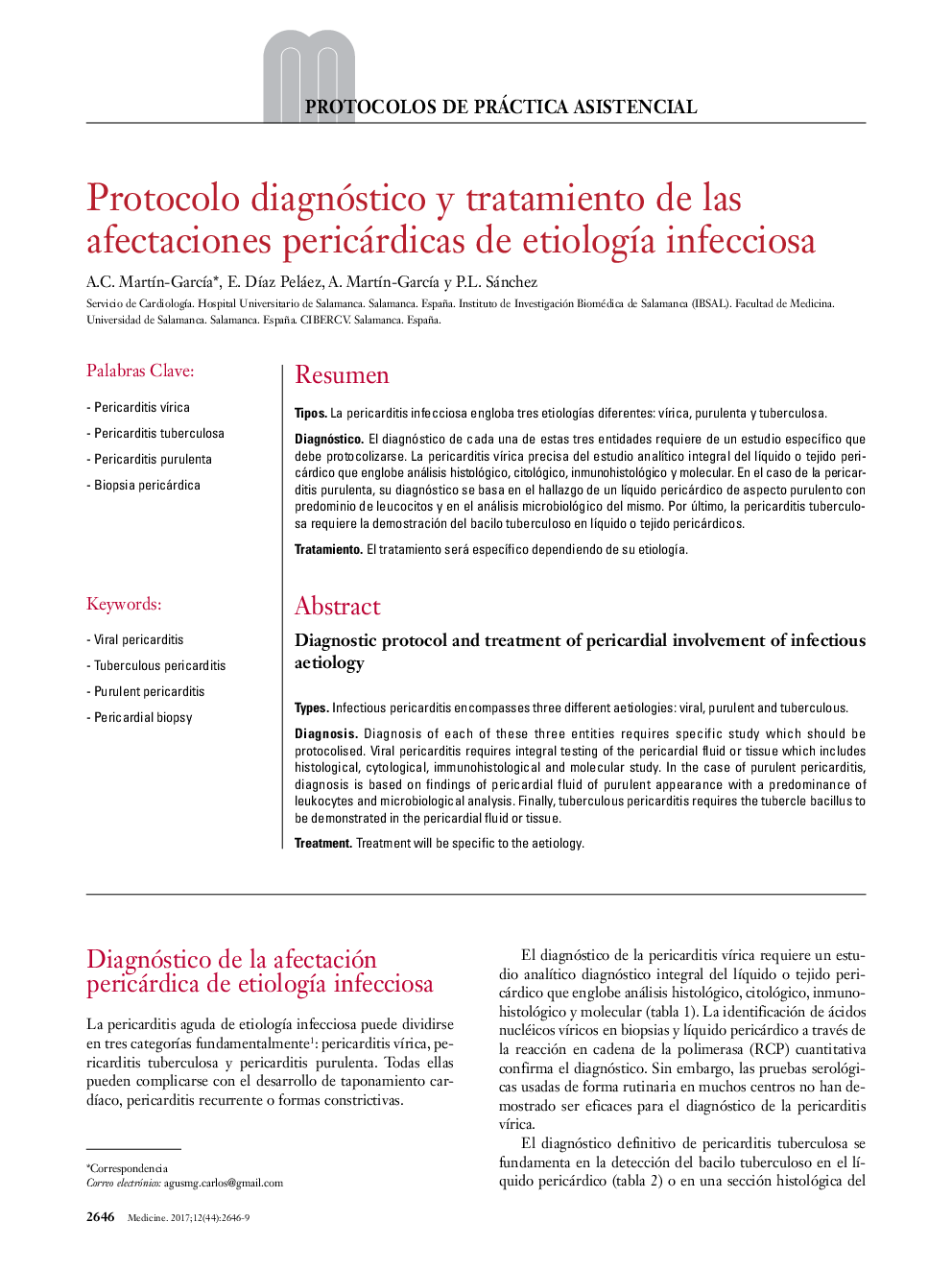 Protocolo diagnóstico y tratamiento de las afectaciones pericárdicas de etiologÃ­a infecciosa