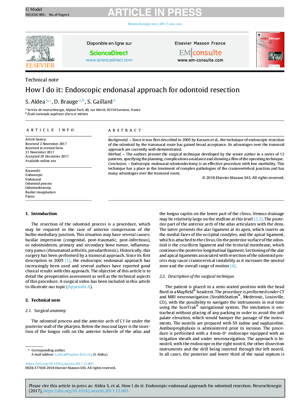 How I do it: Endoscopic endonasal approach for odontoid resection