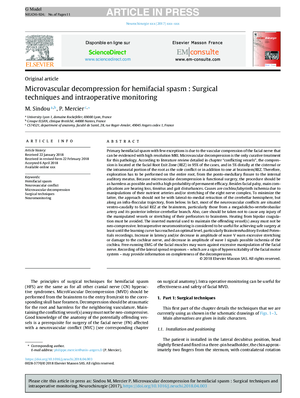 Microvascular decompression for hemifacial spasmÂ : Surgical techniques and intraoperative monitoring