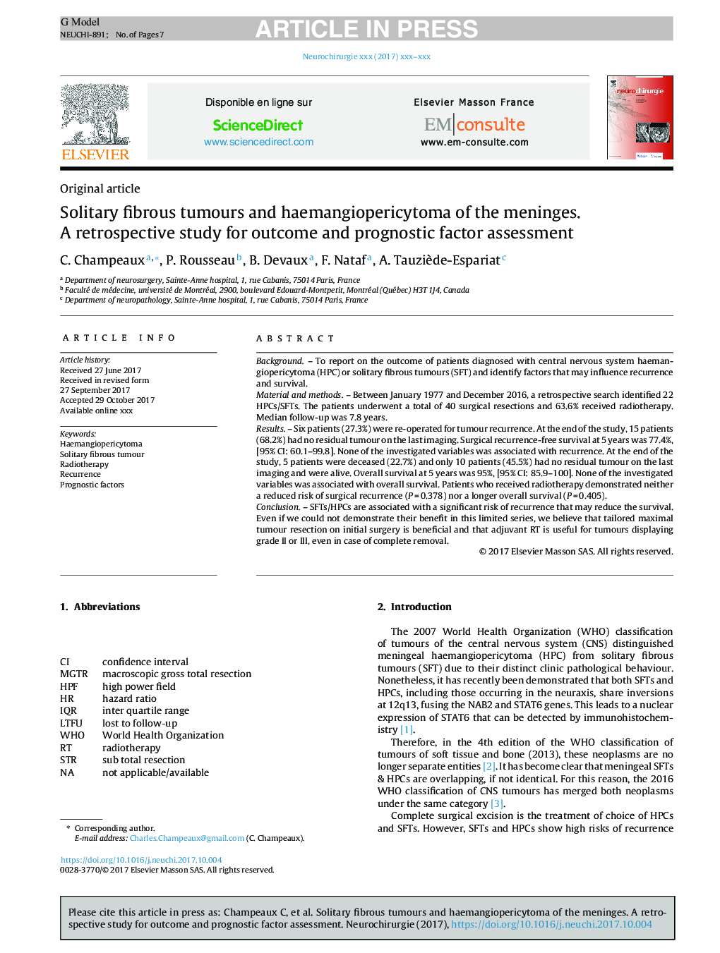 Solitary fibrous tumours and haemangiopericytoma of the meninges. A retrospective study for outcome and prognostic factor assessment