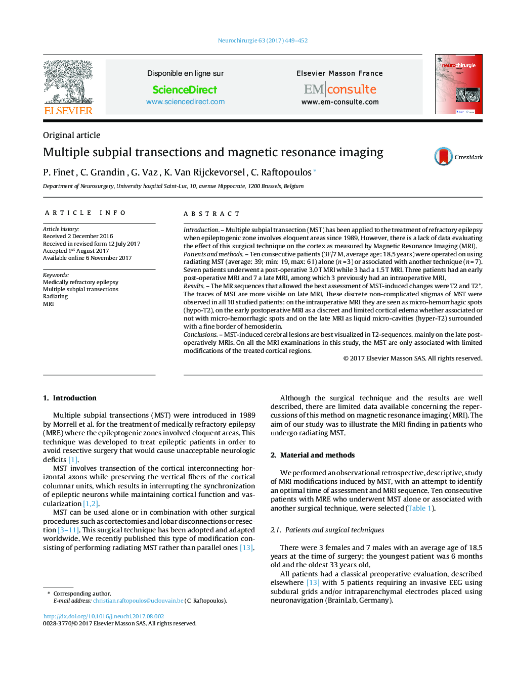 Multiple subpial transections and magnetic resonance imaging