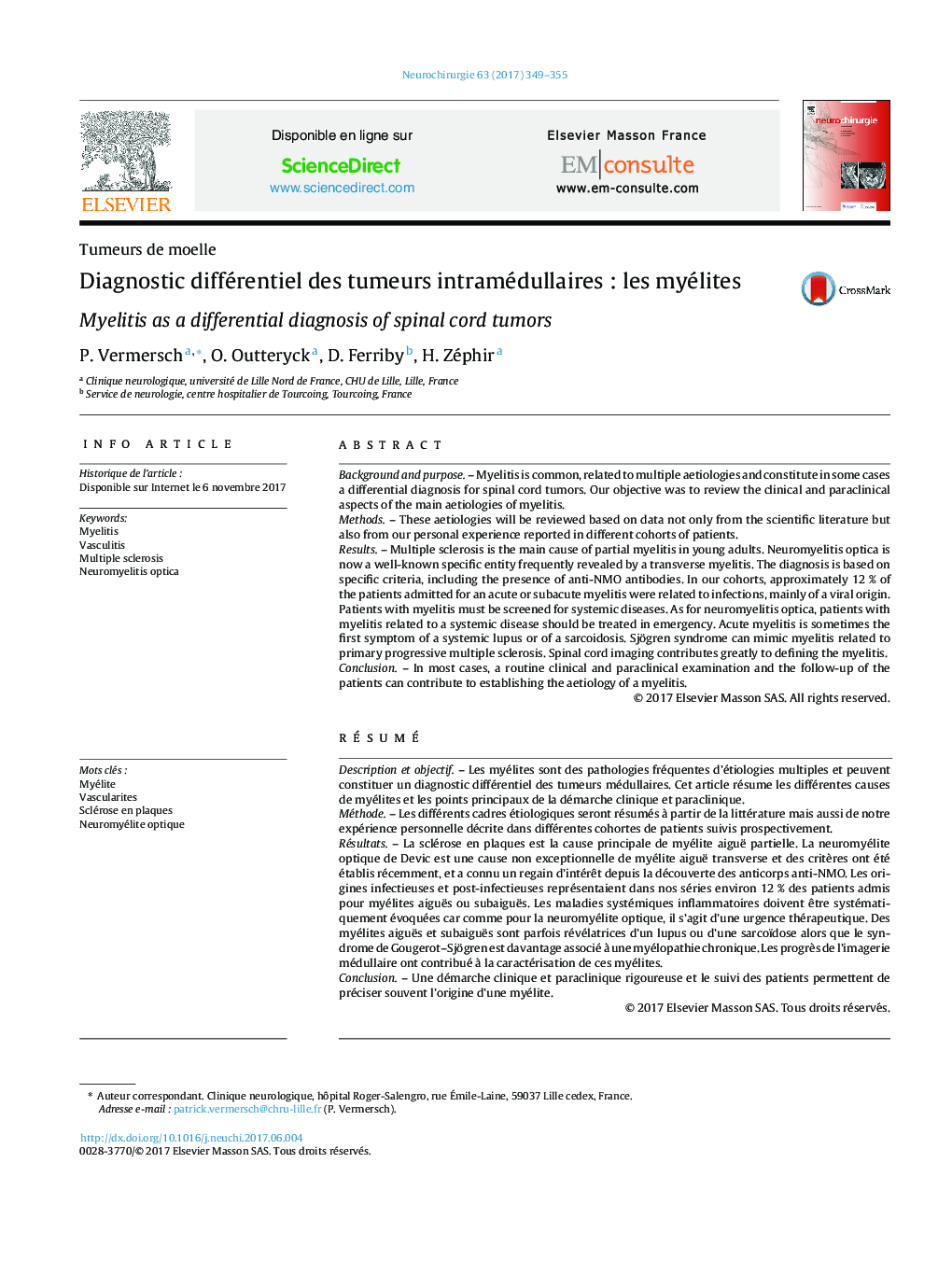 Diagnostic différentiel des tumeurs intramédullairesÂ : les myélites