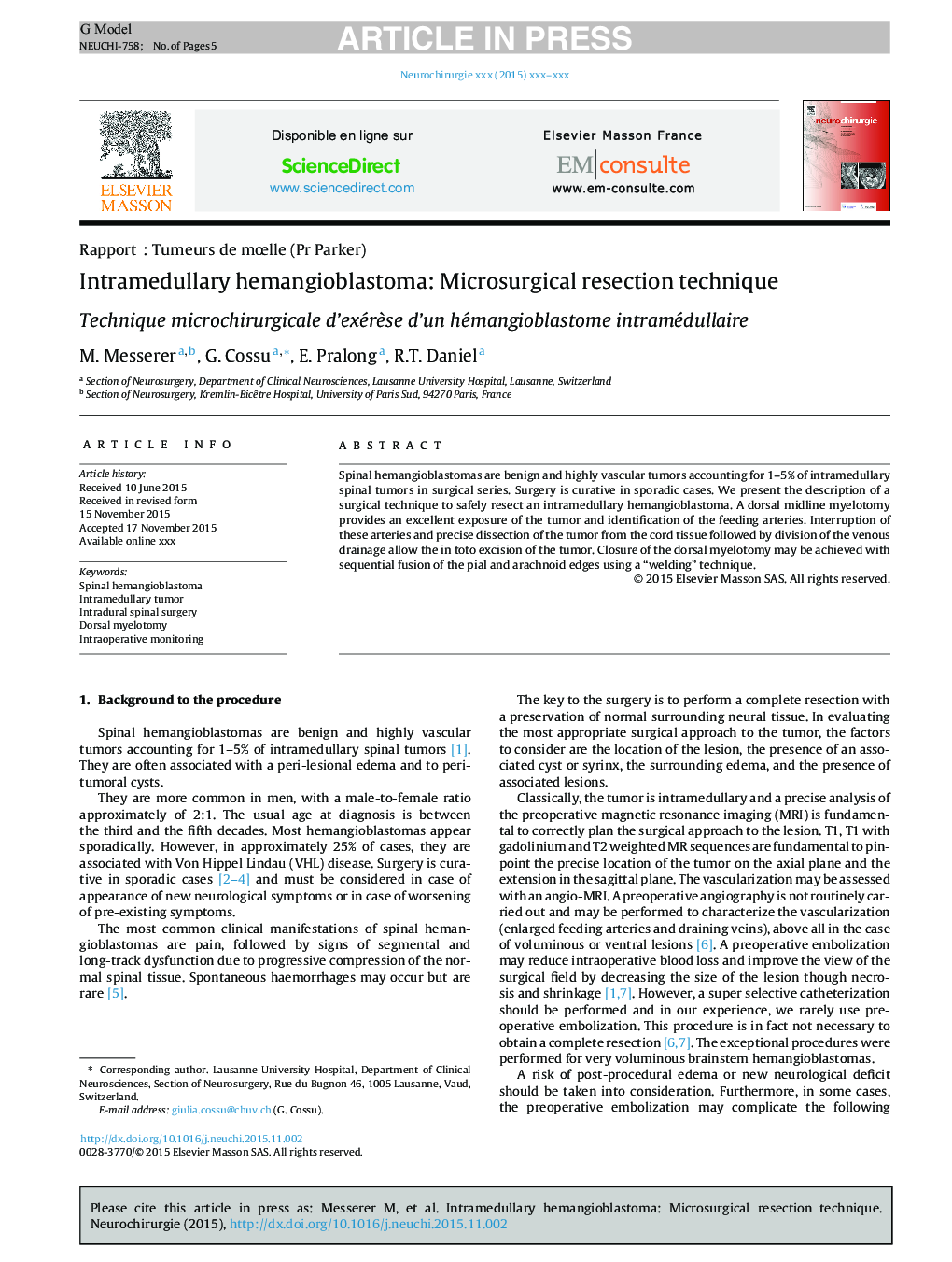 Intramedullary hemangioblastoma: Microsurgical resection technique
