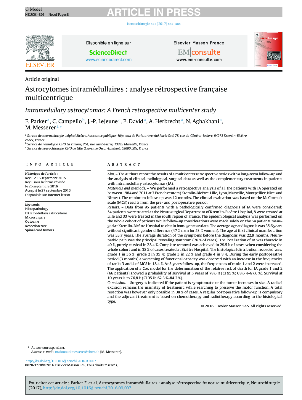 Astrocytomes intramédullairesÂ : analyse rétrospective française multicentrique