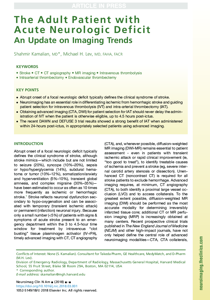 The Adult Patient with Acute Neurologic Deficit