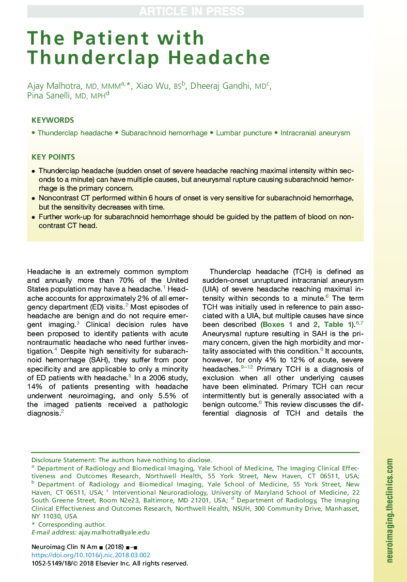 The Patient with Thunderclap Headache